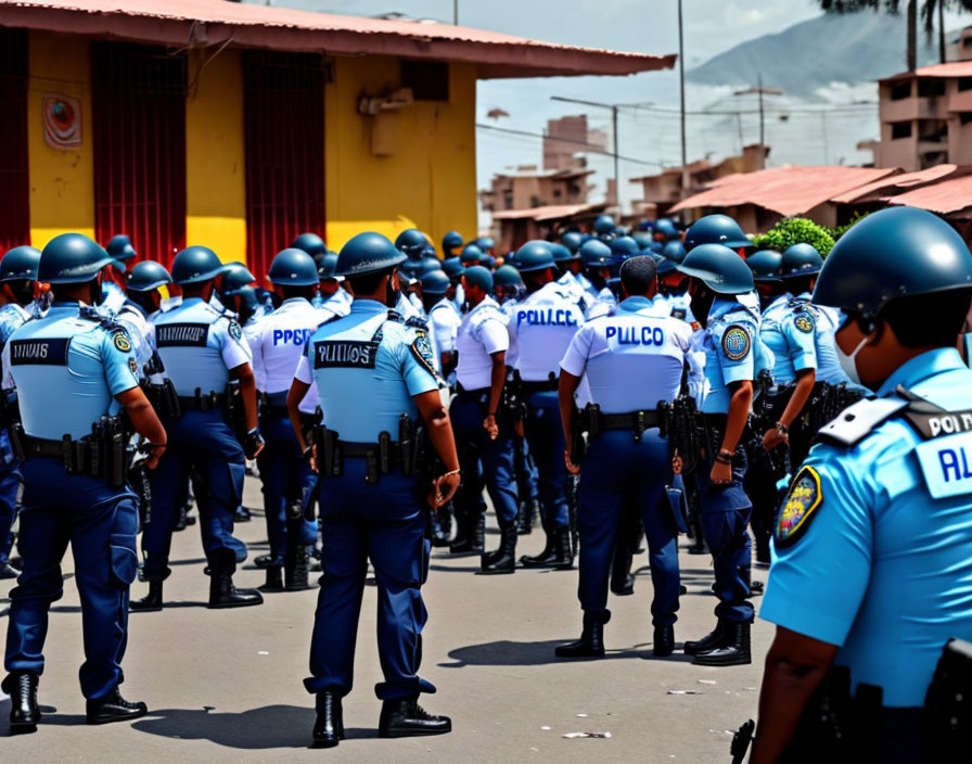 Police officers in blue uniforms with helmets and bulletproof vests outside building