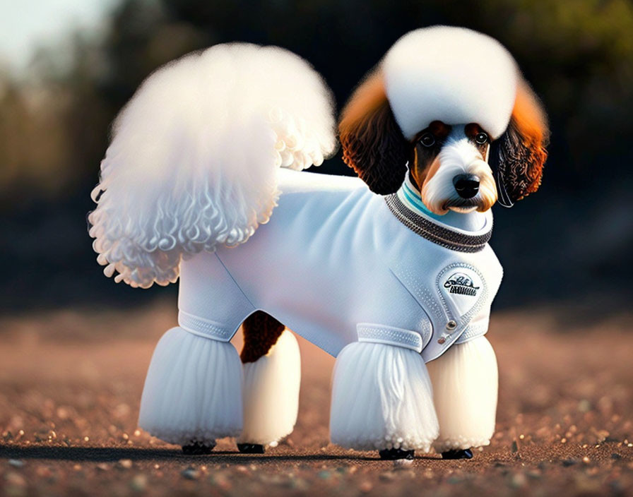 Fluffy poodle in white jacket on dirt path