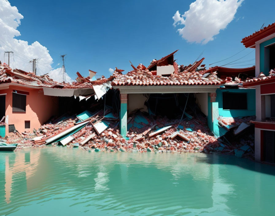 Flooded area with collapsed buildings and debris under blue sky