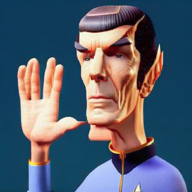 Male character in blue uniform with pointy ears doing Vulcan salute