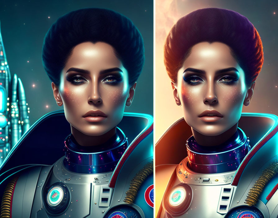 Digital portrait of a woman in futuristic attire against cosmic cityscape, featuring split color variations