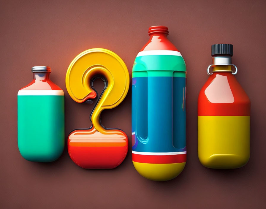 Colorful Stylized Container Illustrations with 3D Question Mark on Brown Background