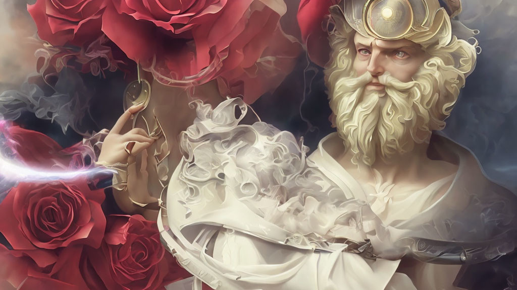 Mythical figure in golden armor with white beard among red roses