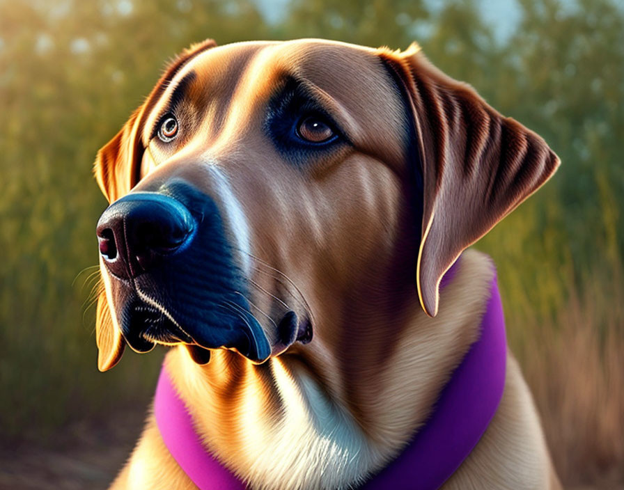 Labrador Retriever with glossy coat and purple collar in portrait against blurred natural backdrop