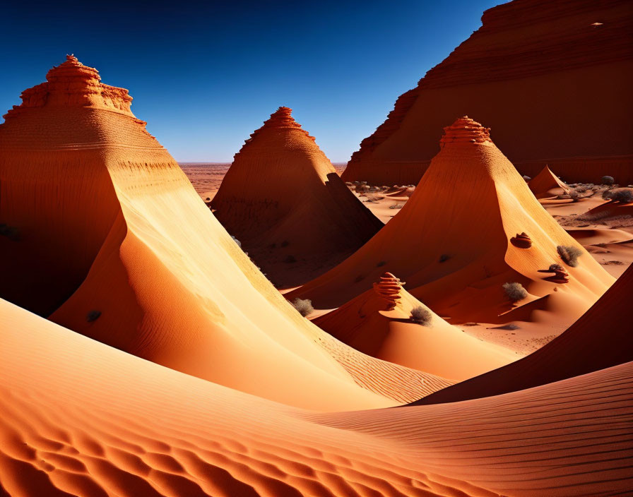 Vibrant orange sand dunes under deep blue sky, with sharp peaks and shadows, depicting serene