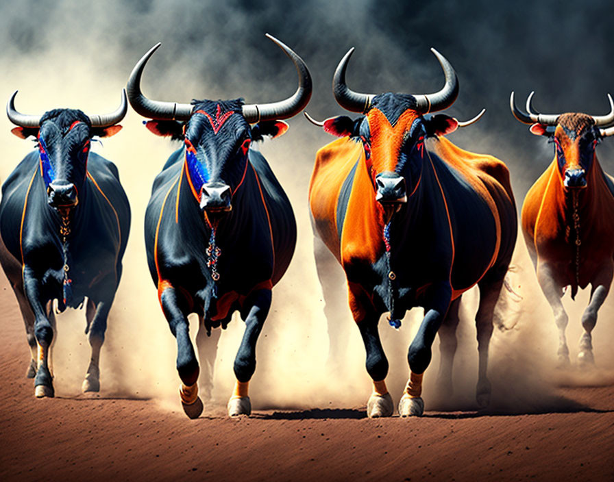 Four bulls with ornate harnesses charging in dust cloud.