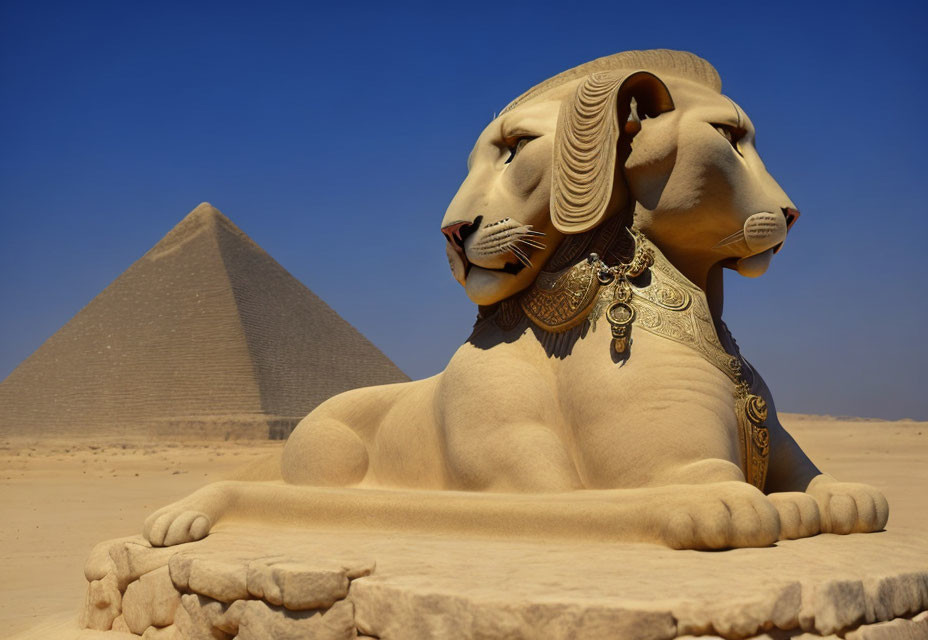 Sphinx sculpture with human face and lion's body near pyramid under blue sky