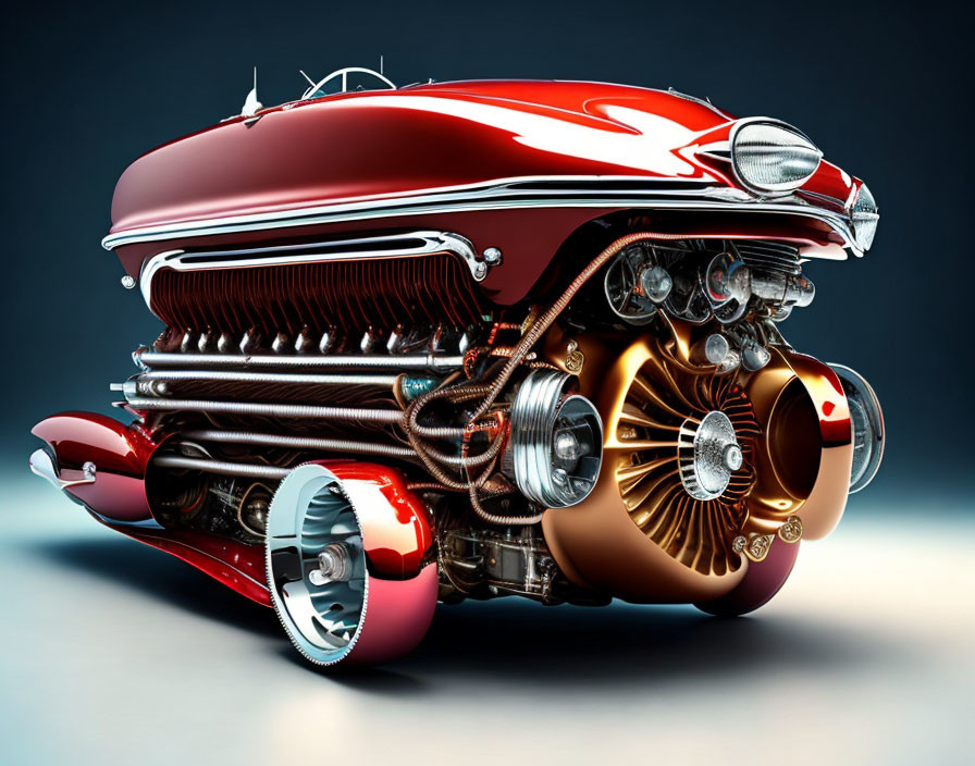 Exaggerated red and chrome futuristic vehicle with intricate engine parts