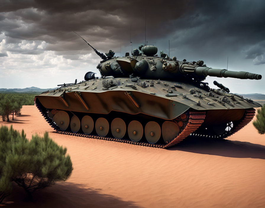 Camouflaged modern battle tank in sandy desert landscape