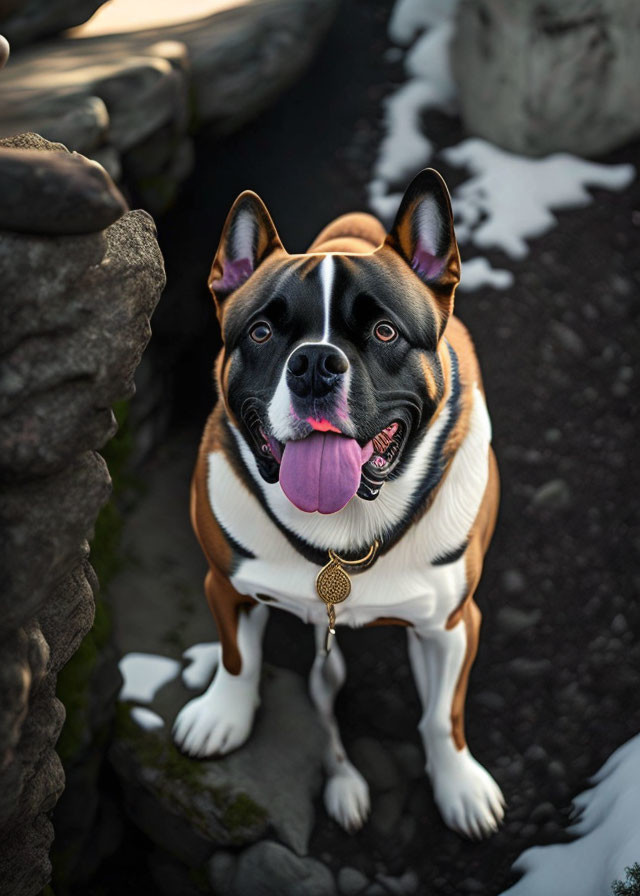 Brown and White Dog with Gold Medallion Sitting in Snowy Path