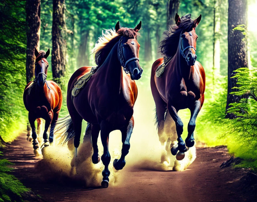 Three galloping horses on forest trail with sunlight filtering through trees