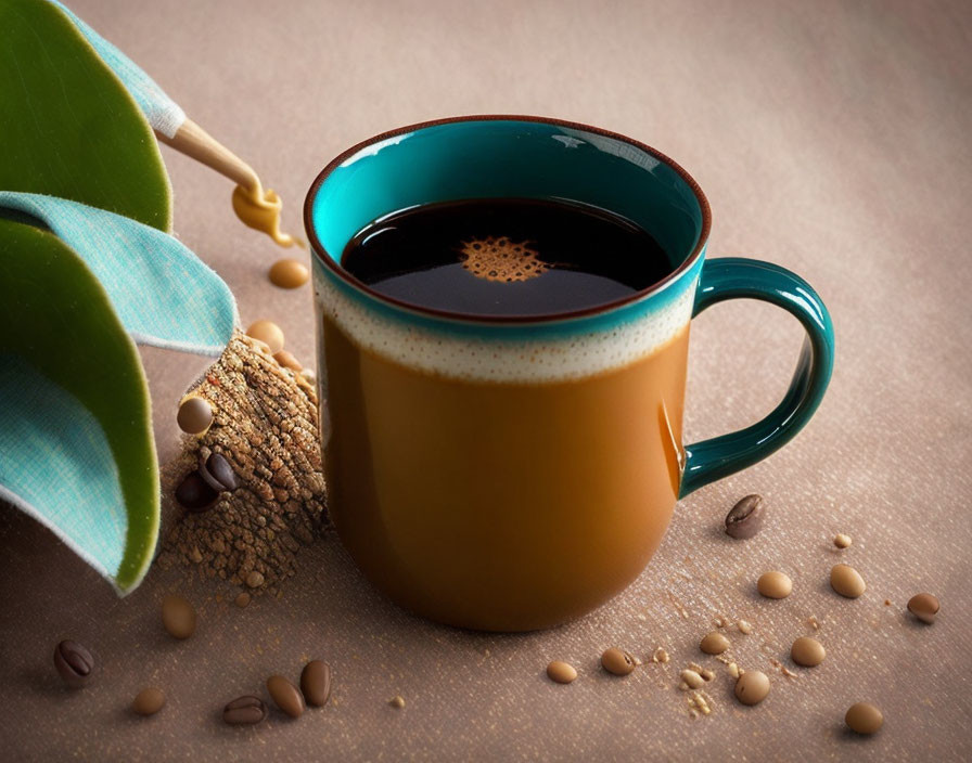 Coffee mug with frothy layer, beans, biscuits, and green leaf on a table