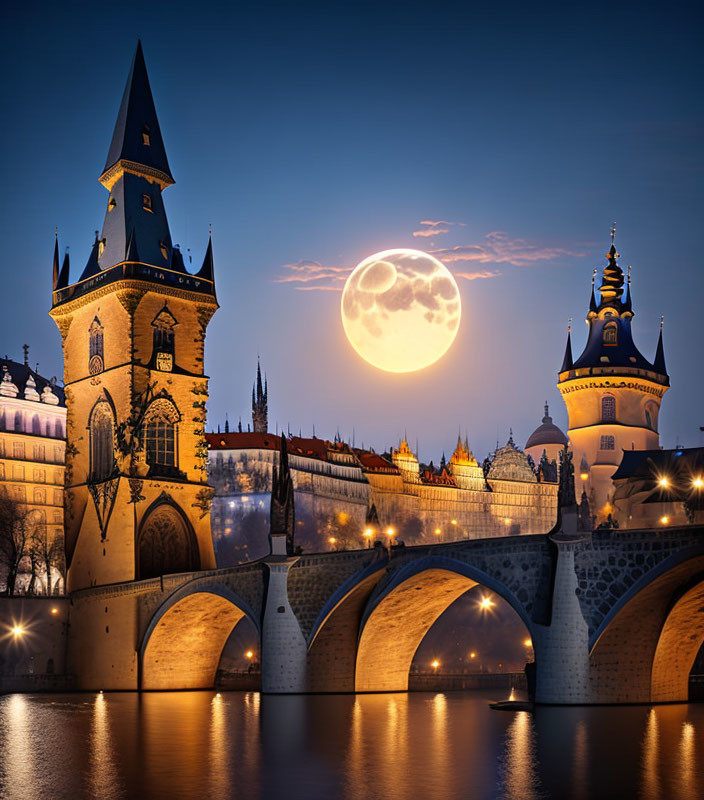 Full Moon Illuminates Charles Bridge Towers at Twilight