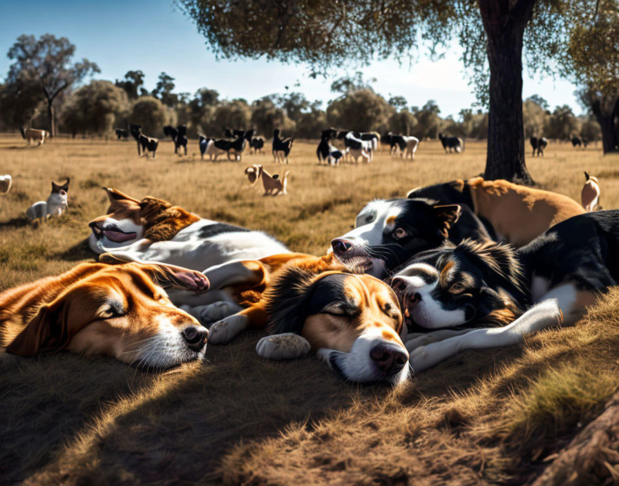 Group of dogs resting in field with trees and cows, warm light.