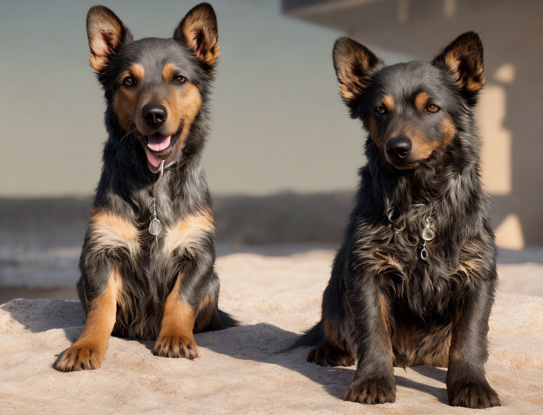 Two black and tan dogs sitting together, one attentive with tongue out, the other relaxed.