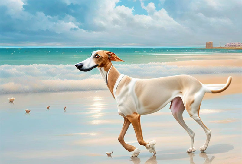 Slender white and tan dog on surreal beach with reflective sky.