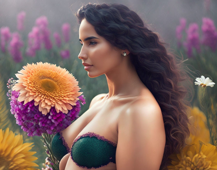 Woman with Dark Hair Holding Orange Flower in Field of Purple and Yellow Flora