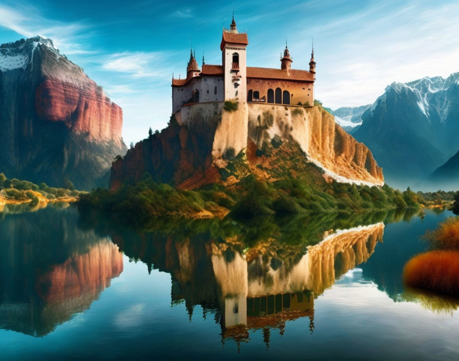 Majestic castle on steep cliff with mountain backdrop and calm waters