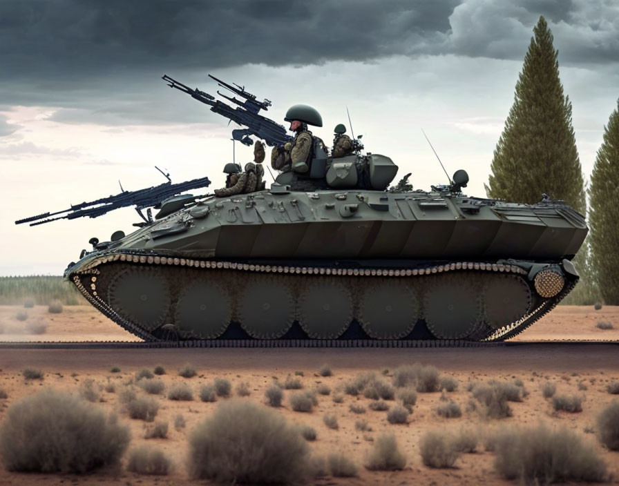 Military tank with mounted guns and soldiers in desert combat scene