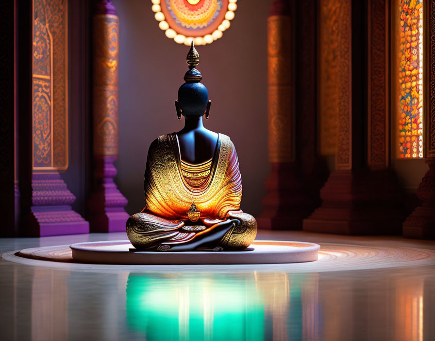 Serene Buddha statue meditating in warmly lit room