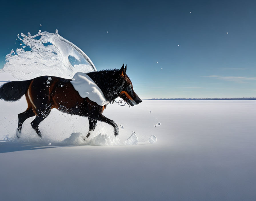 Galloping Horse in Snowy Landscape under Blue Sky