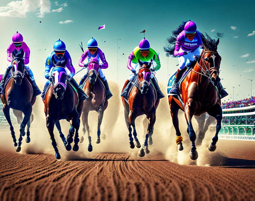 Vibrant silks jockeys race on thoroughbred horses in sunny track.