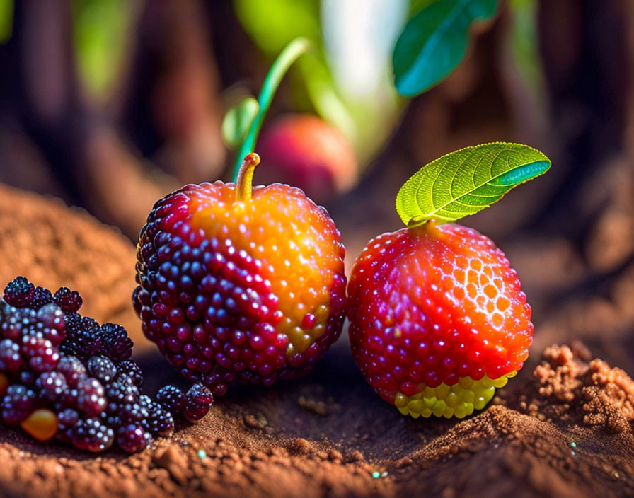 Artificial berries with dewdrops and smaller cluster on textured surface.