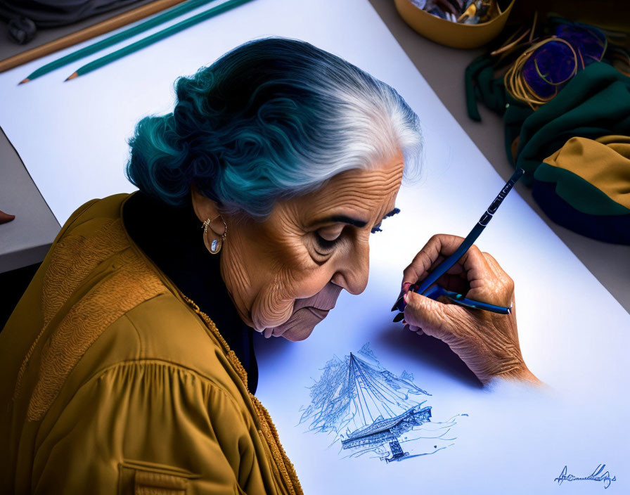 Elderly woman with blue hair drawing ship surrounded by art supplies