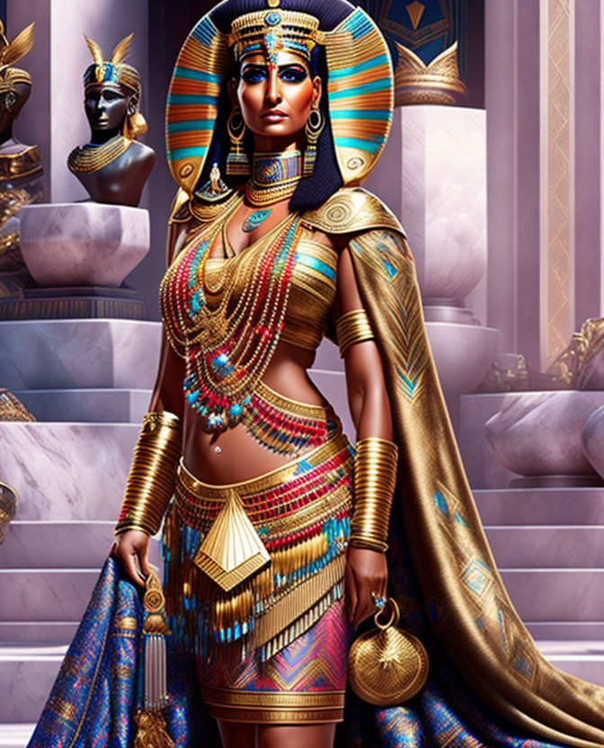 Ancient Egyptian woman in royal attire with jewelry, headdress, and makeup against temple backdrop