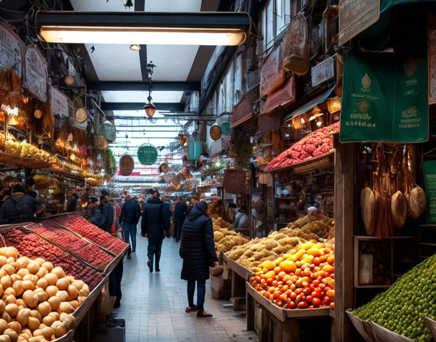 Vibrant indoor market with fresh produce stalls and warm lighting