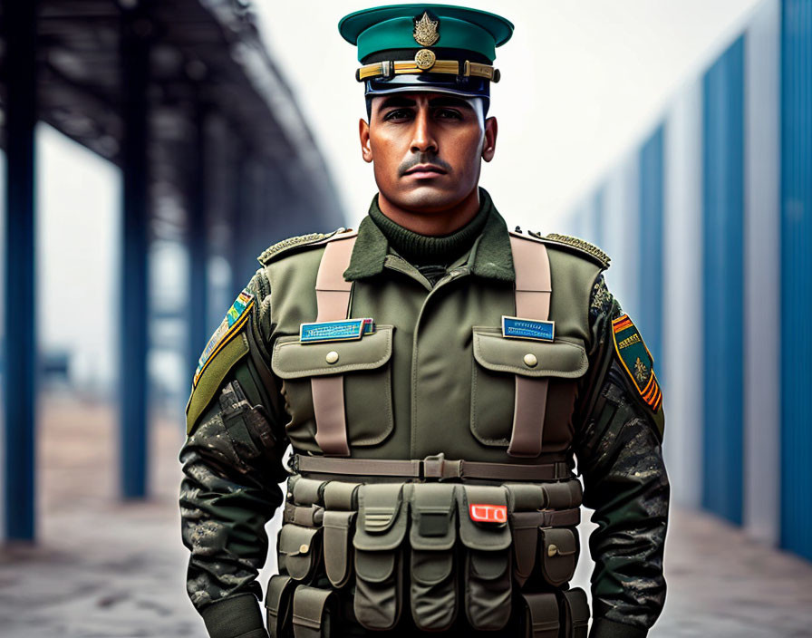 Military soldier in uniform with medals and green beret against industrial backdrop