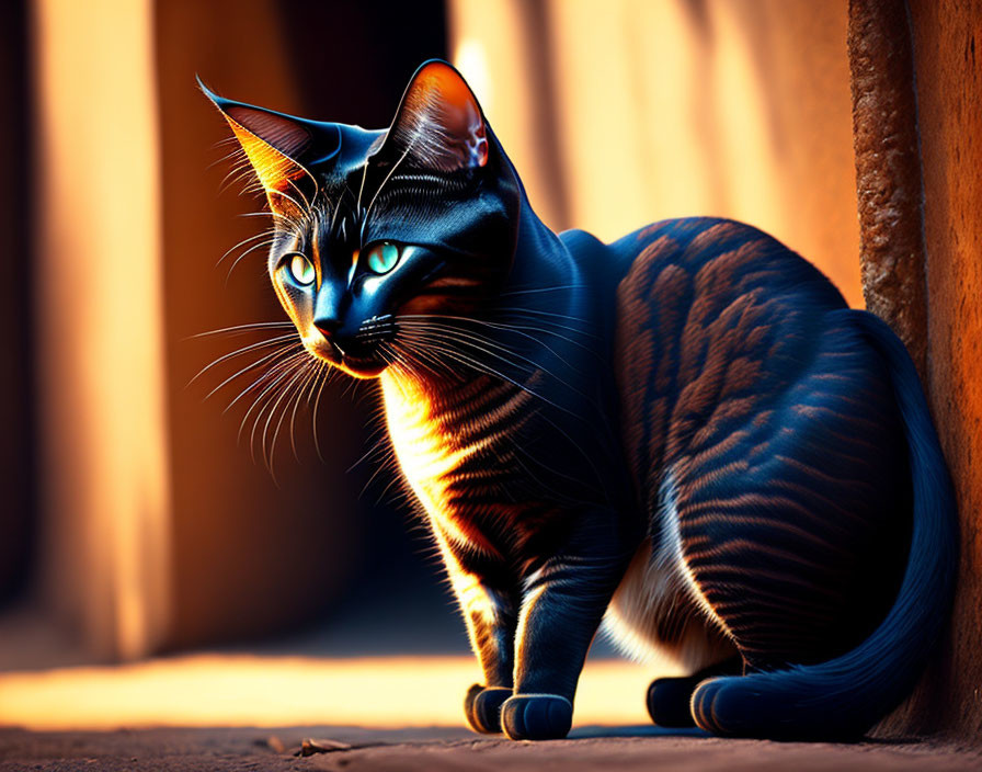 Black Cat with Blue Eyes and Orange Stripes in Sunlight