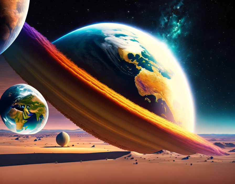 Surreal desert landscape with oversized planets and rainbow trail