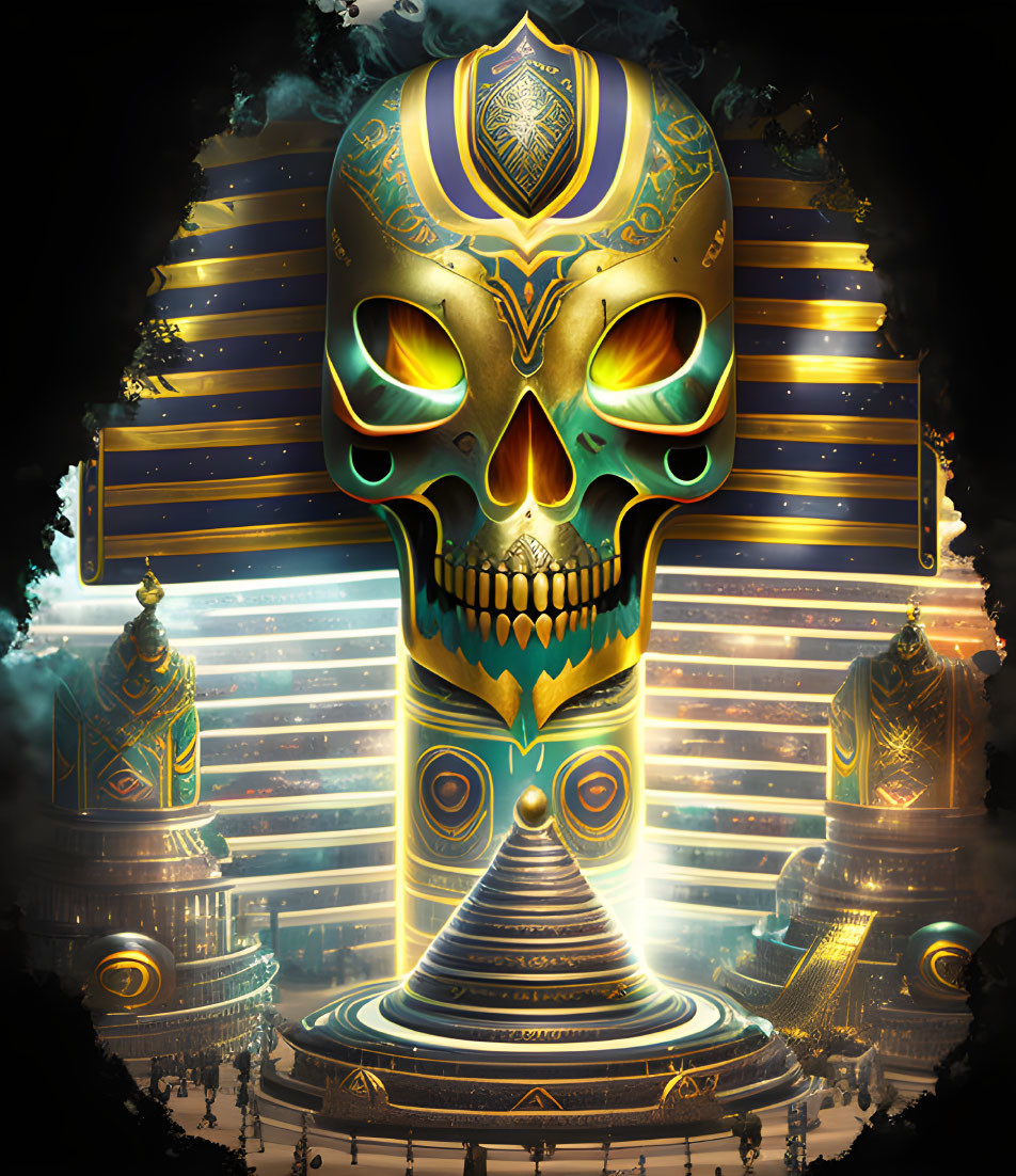 Golden Skull with Intricate Designs and Futuristic Pyramids