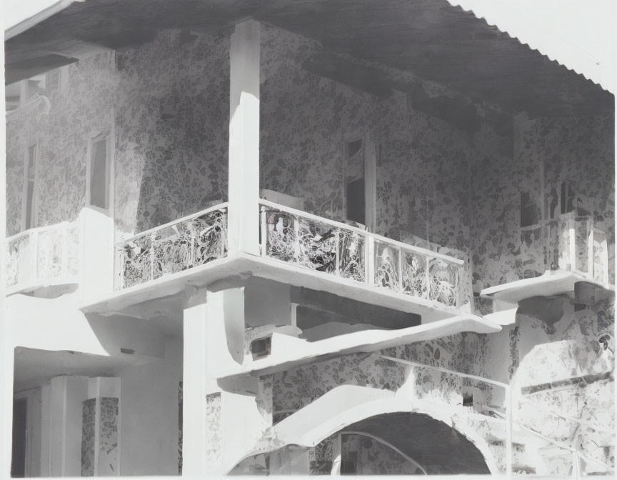 Monochrome image of two-story building with ornate balconies and vine patterns