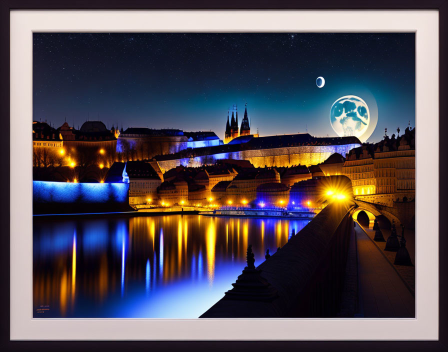 Nighttime cityscape with illuminated buildings, river, starry sky, and full moon.