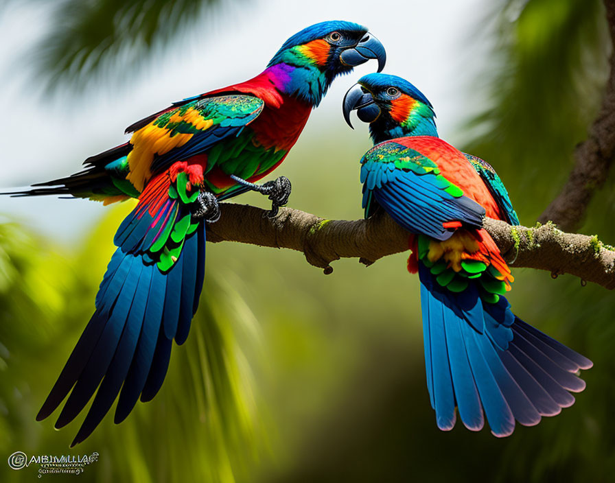 Colorful Macaws Perched on Branch Against Green Background