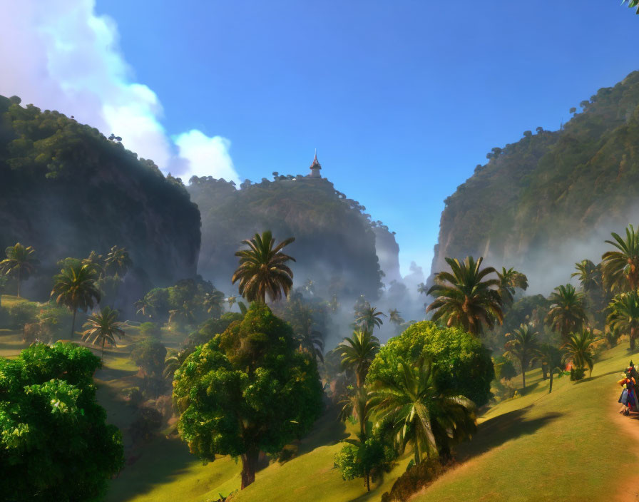 Misty valley with green hills, palm trees, and mountain temple