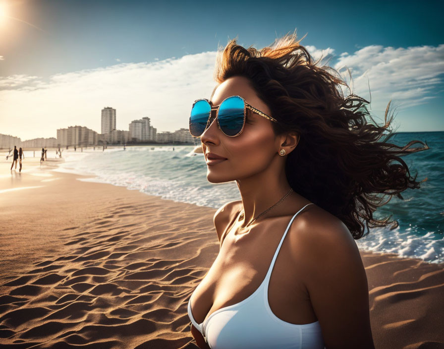 Woman with sunglasses and flowing hair on sunny beach with skyscrapers.