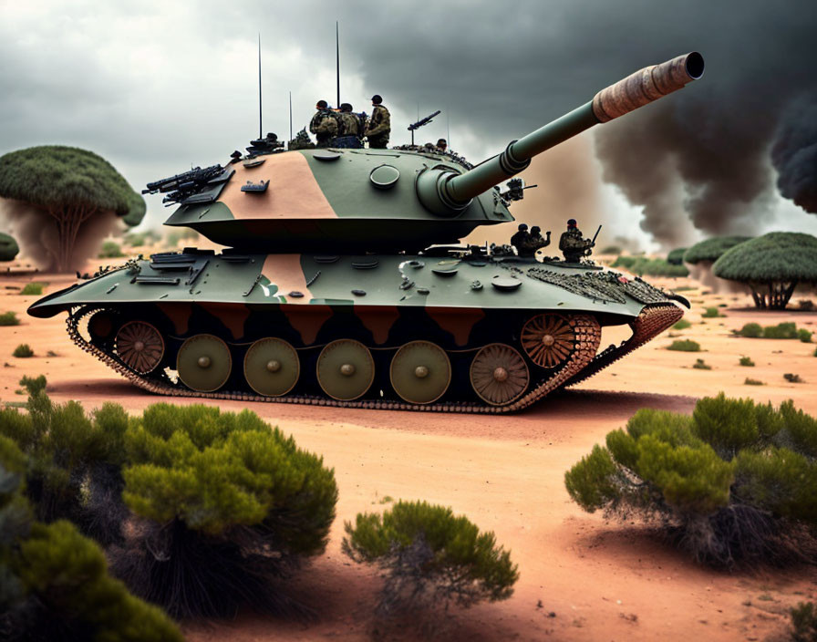 Green military tank in desert landscape with crew members, dramatic cloudy sky and smoke.