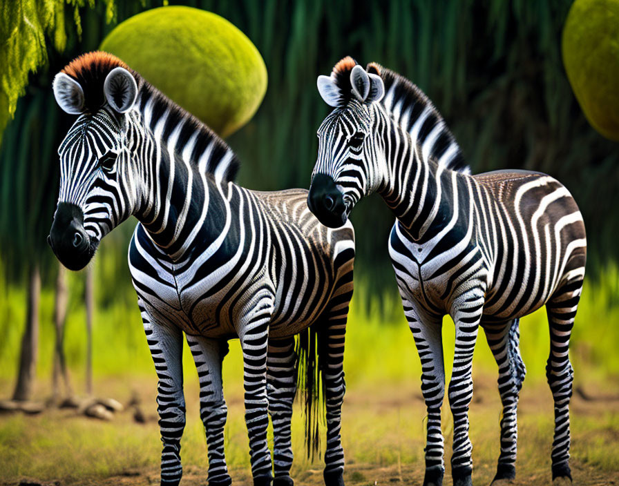 Zebras amidst vibrant citrus fruits and greenery