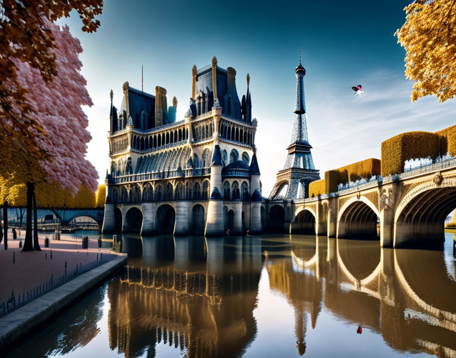 Surreal composite image: Eiffel Tower merged with Gothic cathedral, autumn trees, water reflection