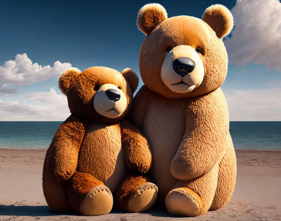 Pair of teddy bears on sandy beach under clear skies