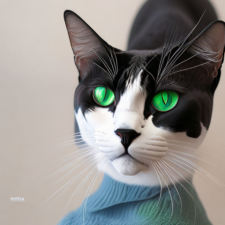 Digital artwork: Cat with human-like body in green sweater, striking green eyes, prominent whiskers,