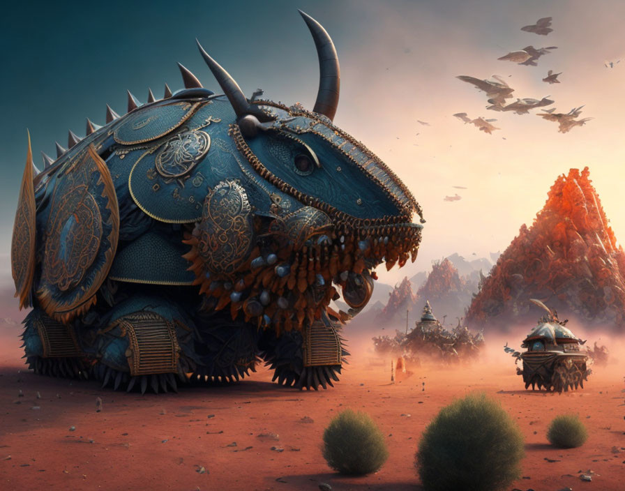 Metallic Armored Rhinoceros Creature in Desert Landscape with Mechanical Entities and Birds