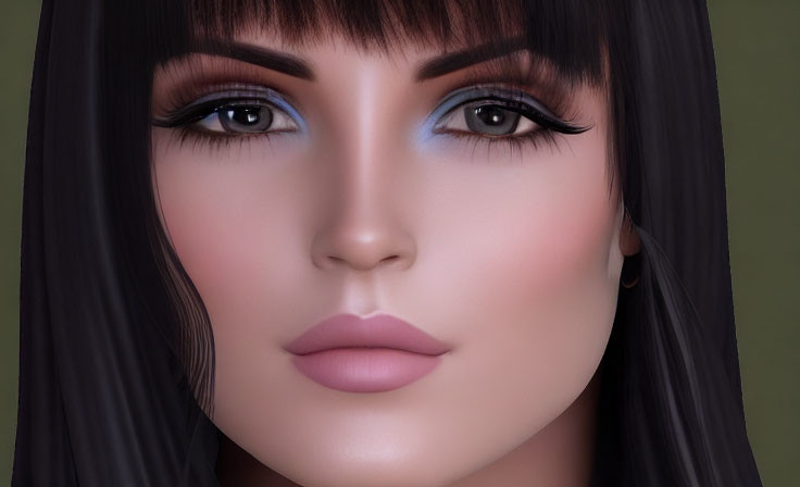 Portrait of woman with dark hair, bangs, blue eyeshadow, and pink lips