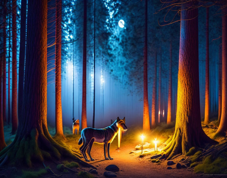 Mystical forest at night with full moon, glowing candles, and two foxes