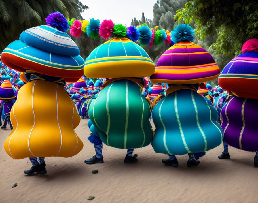 Traditional Mexican Dancers in Colorful Costumes and Sombreros Against Greenery