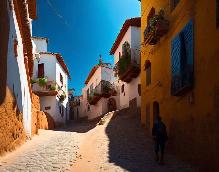 Person walking on cobblestone street past colorful houses with flower balconies under blue sky