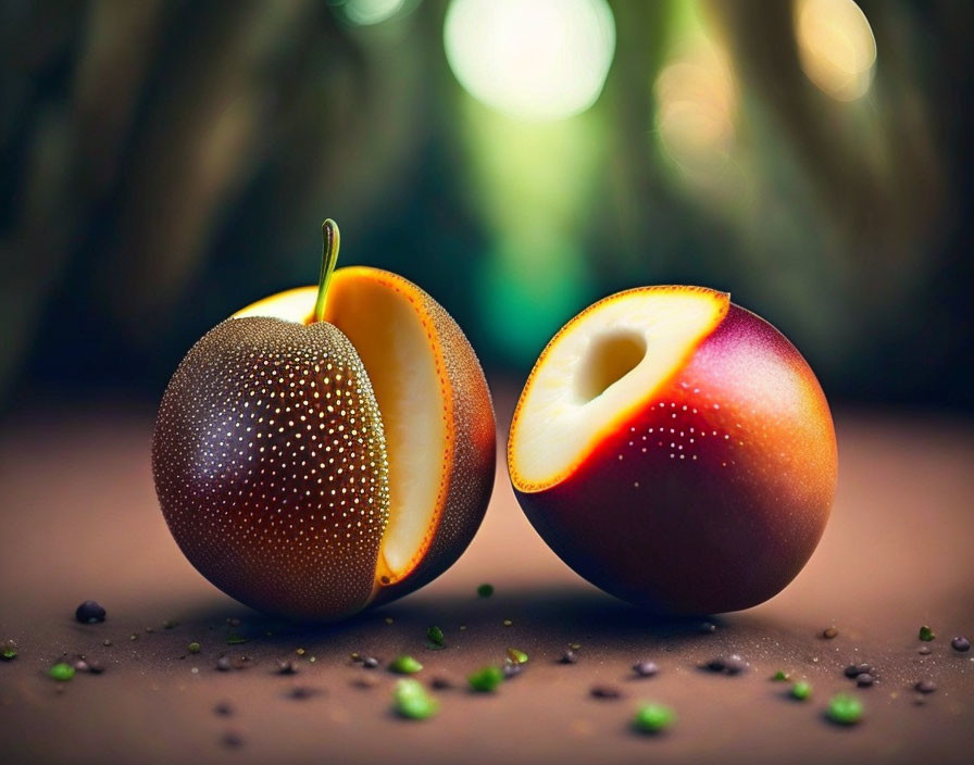 Digitally Altered Peach and Asian Pear Halves on Bokeh Background